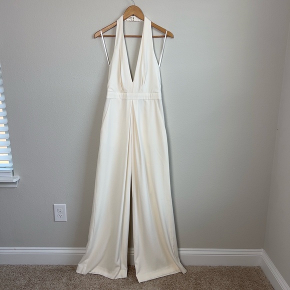 Jill Stuart Halter Wide Leg Jumpsuit White Off-White Elegant Flowy Deep V-Back - Picture 2 of 16